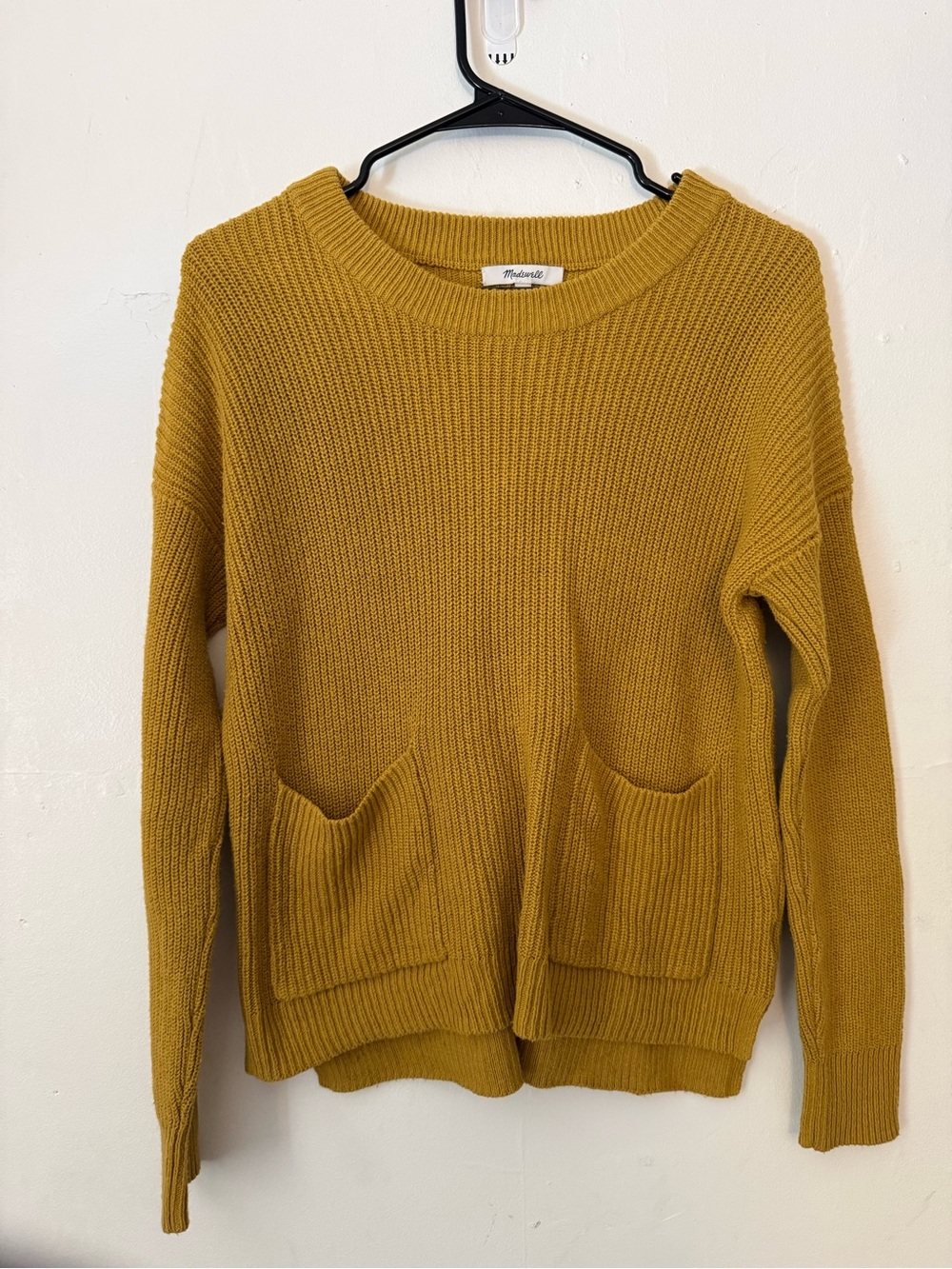Madewell Mustard Ribbed Crewneck Sweater with Front Pockets